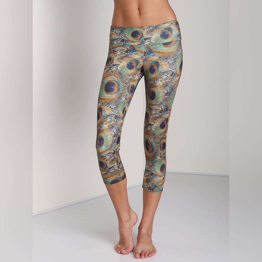 Onzie Peacock Print Capri Leggings in Teal, Gold, Blue